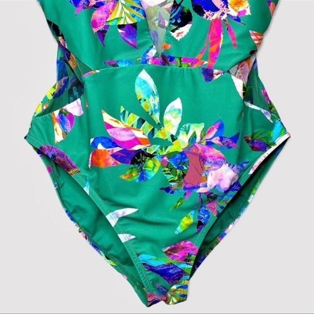 La Blanca Havana Tropics Mesh Plunge One Piece Swimsuit 12 Large Green - Picture 4 of 12